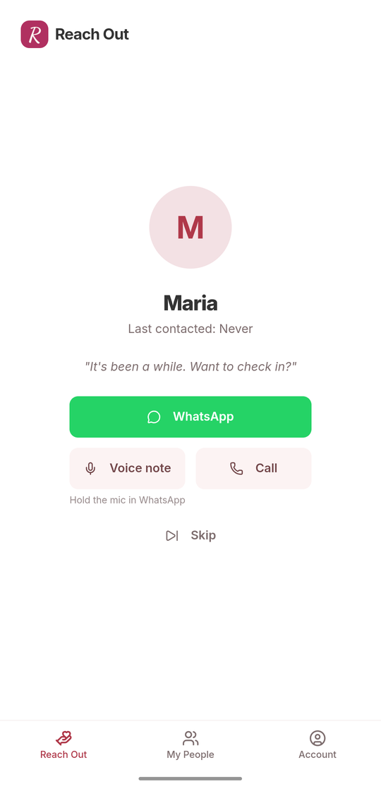 Reach Out screen suggesting a check-in with Maria, with WhatsApp, voice note and call buttons